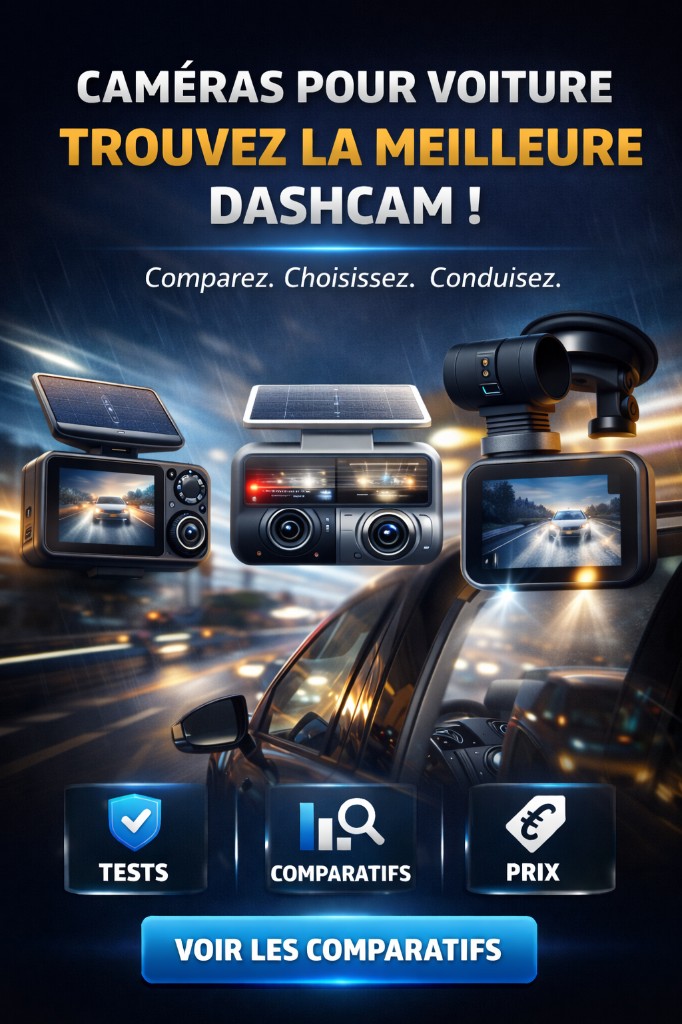 Comparatif dashcams pour voiture : trois modèles sur fond nocturne en conduite — tests, comparatifs et prix.