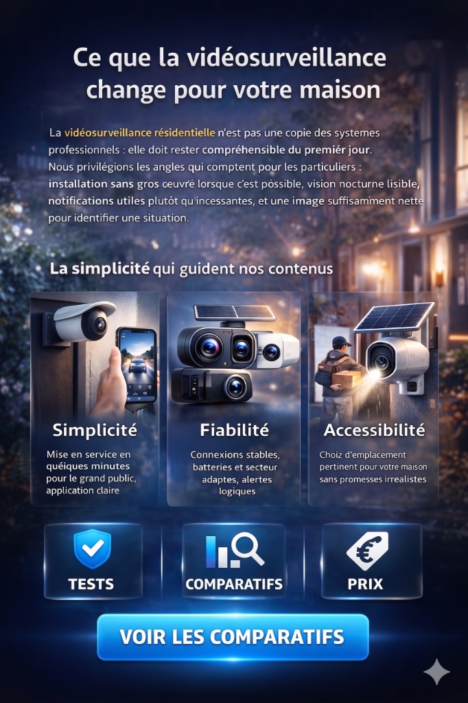 Illustration vidéosurveillance maison : simplicité, fiabilité et accessibilité avec caméras extérieures et comparatifs.